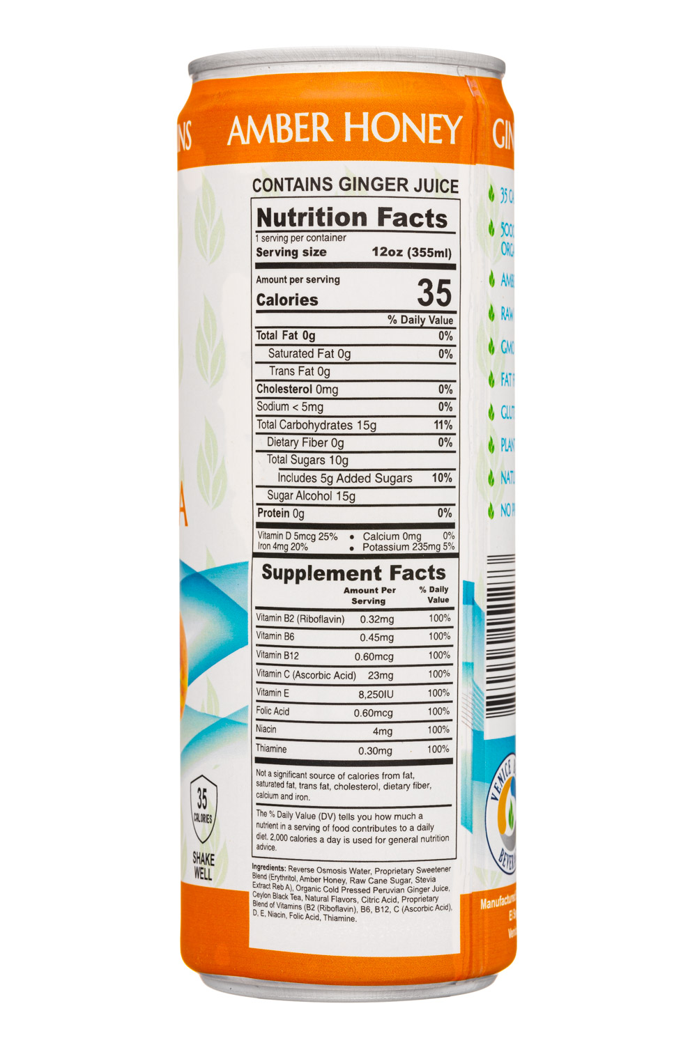 Venice Beach Beverage: VeniceBeachBeverage-12oz-2023-GingerTea-Peach-Facts