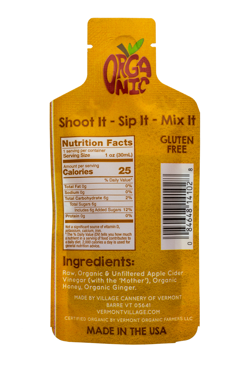 Vermont Village Vinegar Shots: VermontVillage-1oz-VinegarShot-GingerHoney-Facts