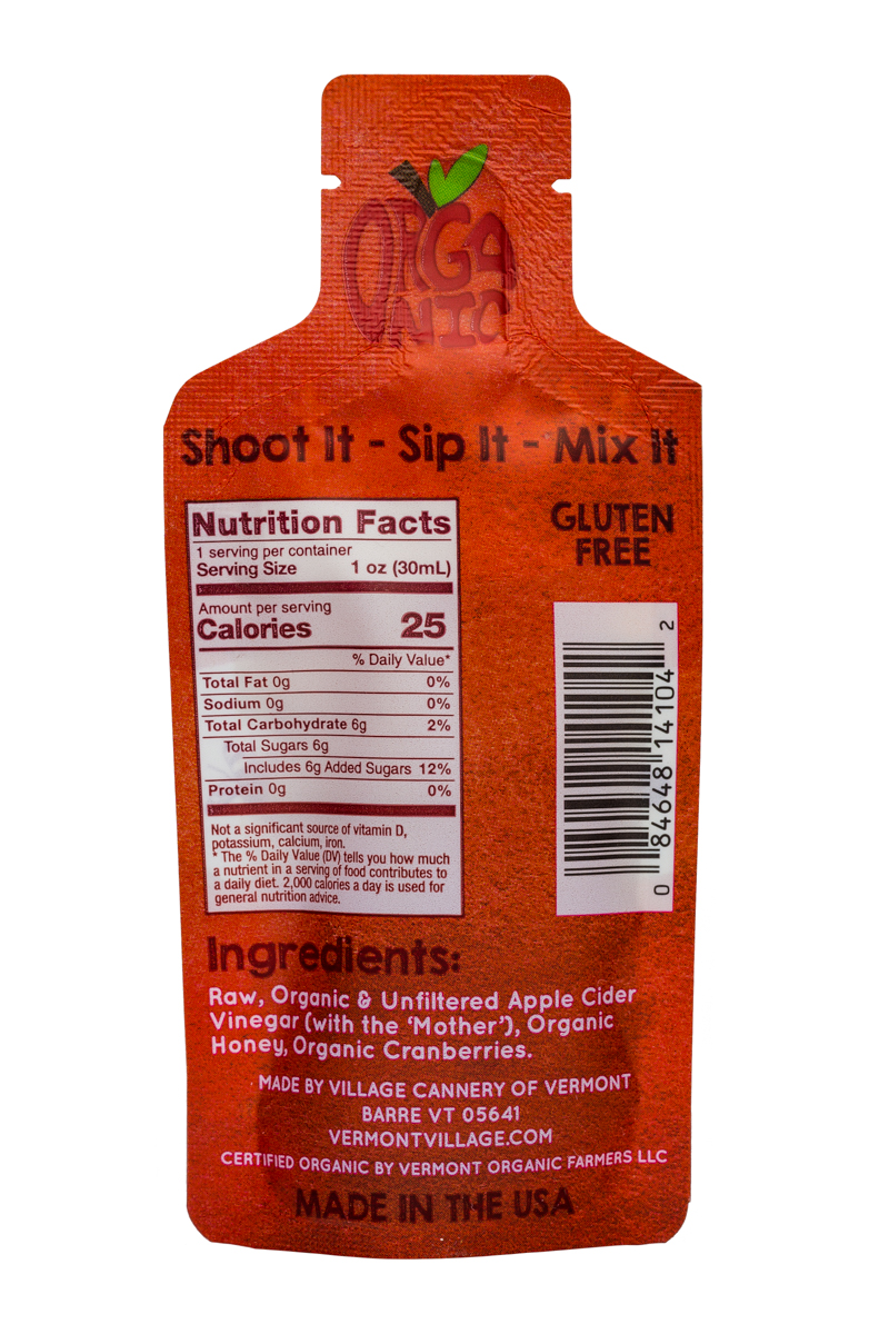 Vermont Village Vinegar Shots: VermontVillage-1oz-VinegarShot-CranHoney-Facts