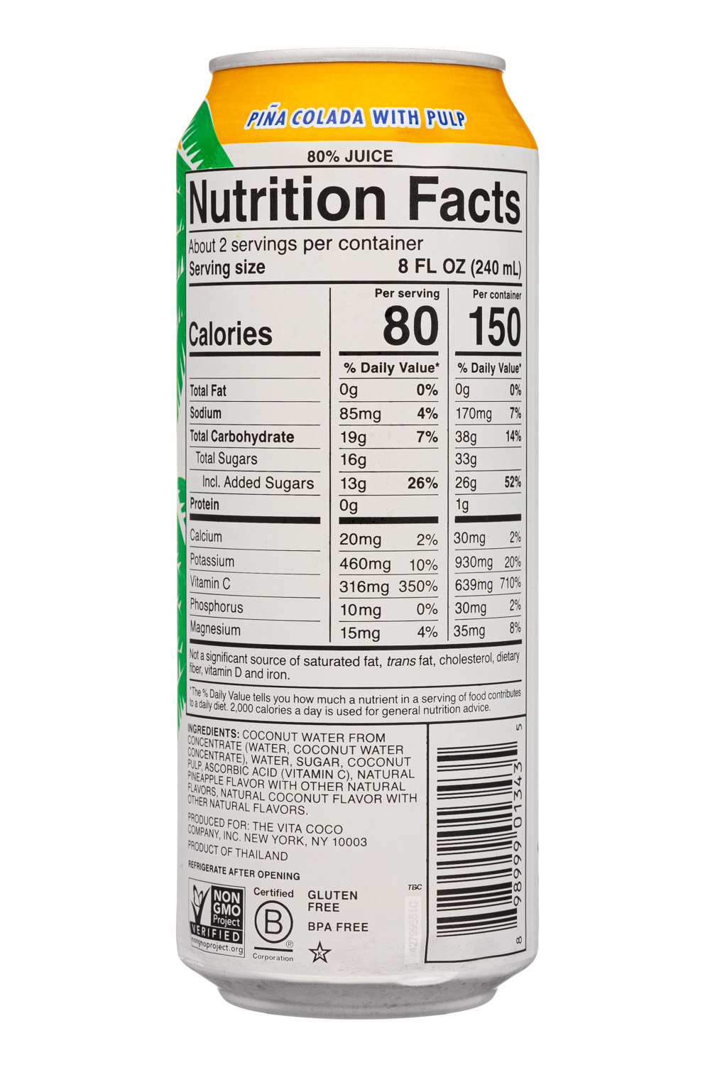 Vita Coco Coconut Water: VitaCoco-17oz-2025-CoconutJuice-PinaColada-Facts