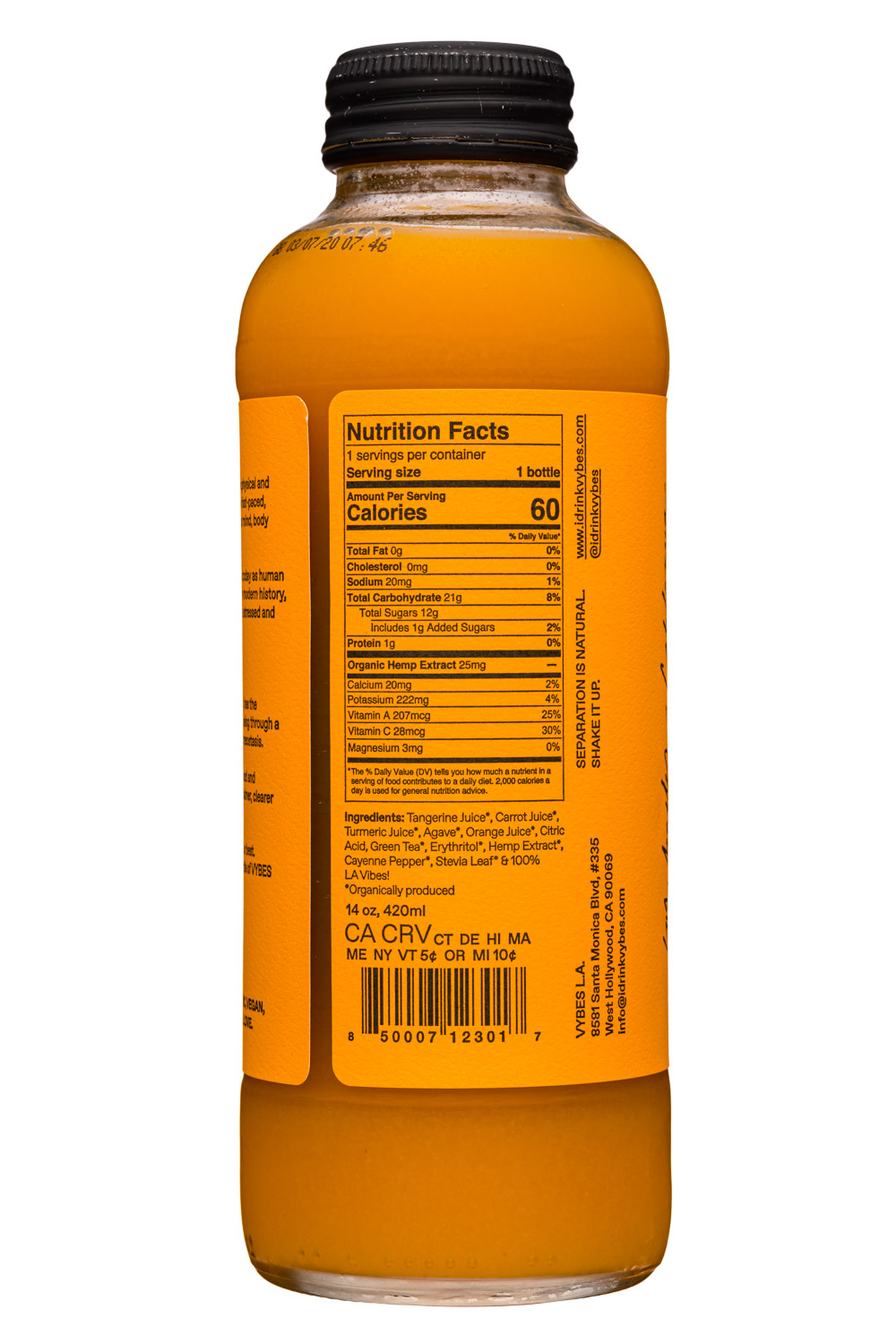 VYBES: VYBES-16oz-MindBody-HempExtract-BurningMandarin-Facts
