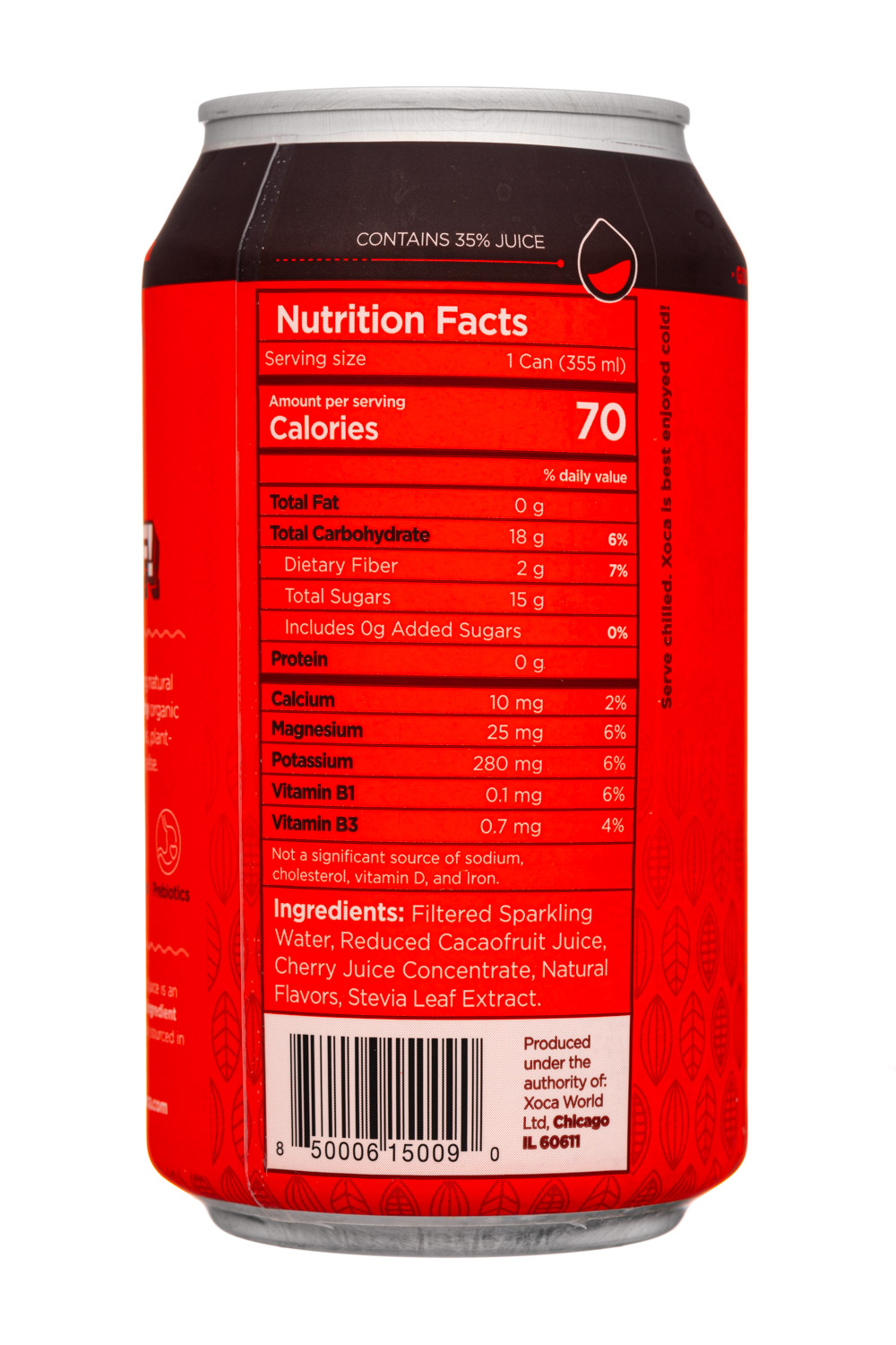 Xoca: XoCa-12oz-2022-TheGoodSoda-CacaoCherry-Facts
