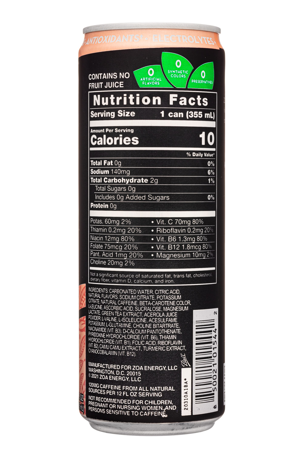 ZOA: Zoa-12oz-2022-ZeroSugar-EnergyDrink-WhichPeach-Facts